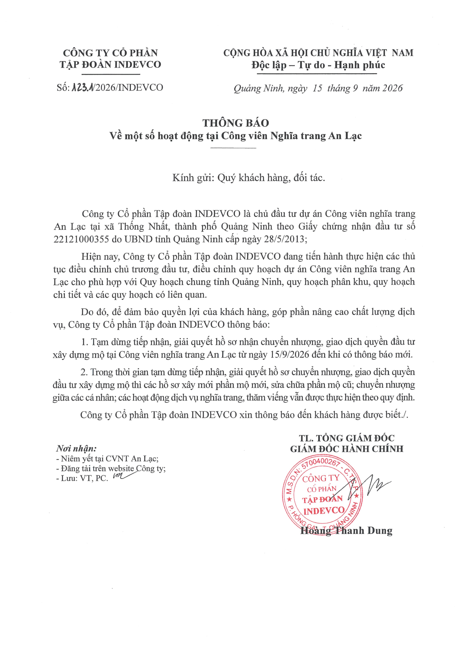 Thông báo về một số hoạt động tại Công viên Nghĩa trang An Lạc